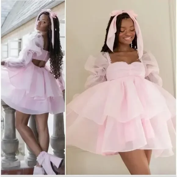 Selkie Ballerina Pink Long Sleeve Tiered Chiffon Puff Mini Moonlight Dress - Picture 3 of 10